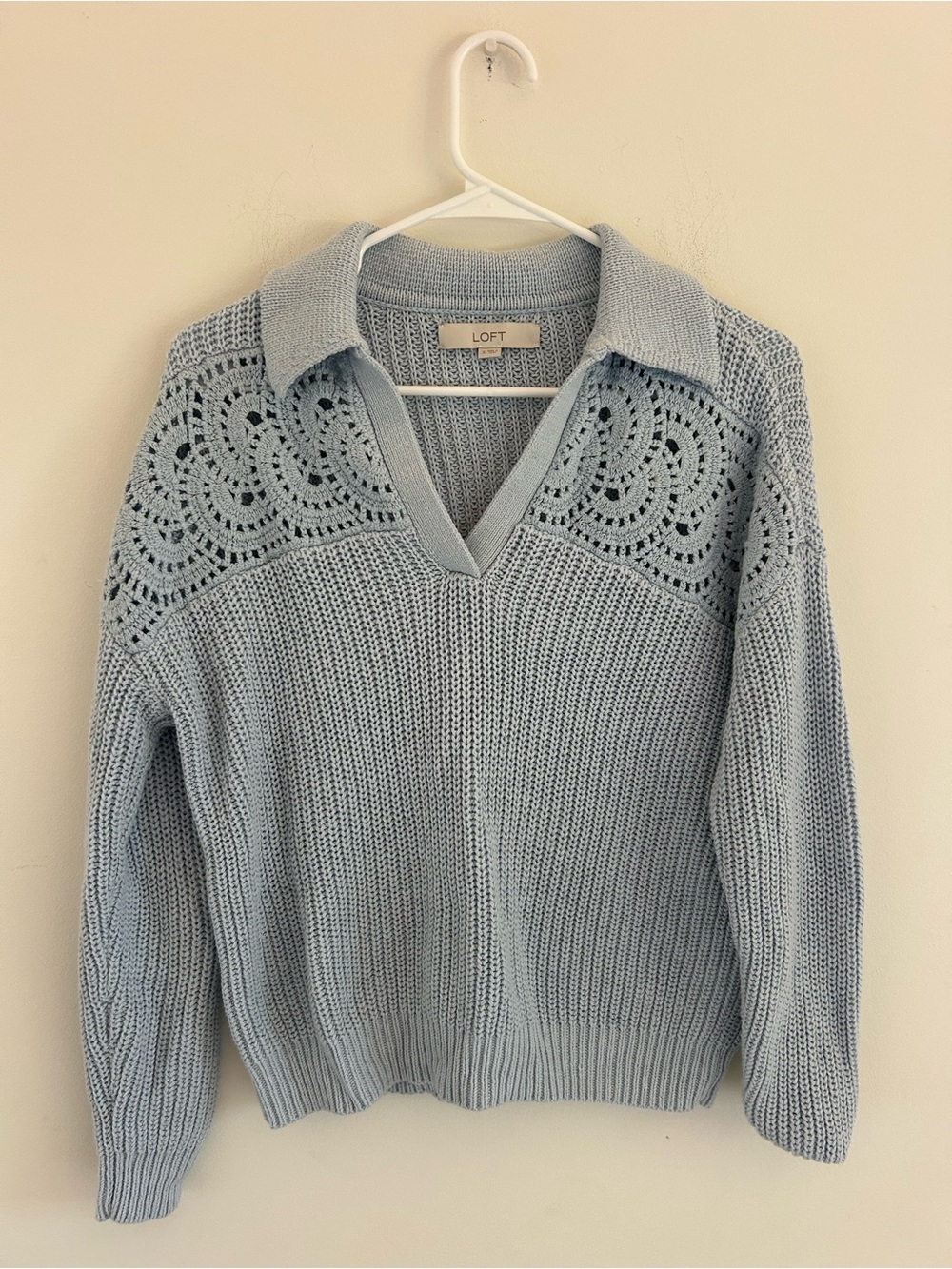 LOFT Light Blue Crochet-Yoke V-Neck Collared Sweater